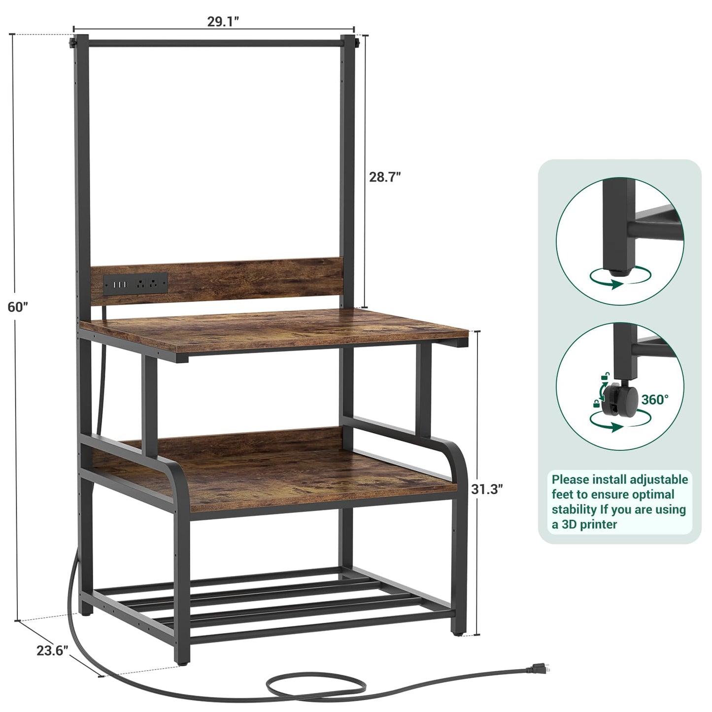 3-Tier 3D Printer Stand with Power Outlet, Rolling Printer Stand with Filament Storage