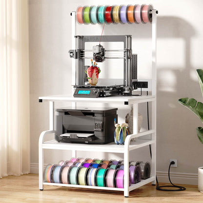 3-Tier 3D Printer Stand with Power Outlet, Rolling Printer Stand with Filament Storage