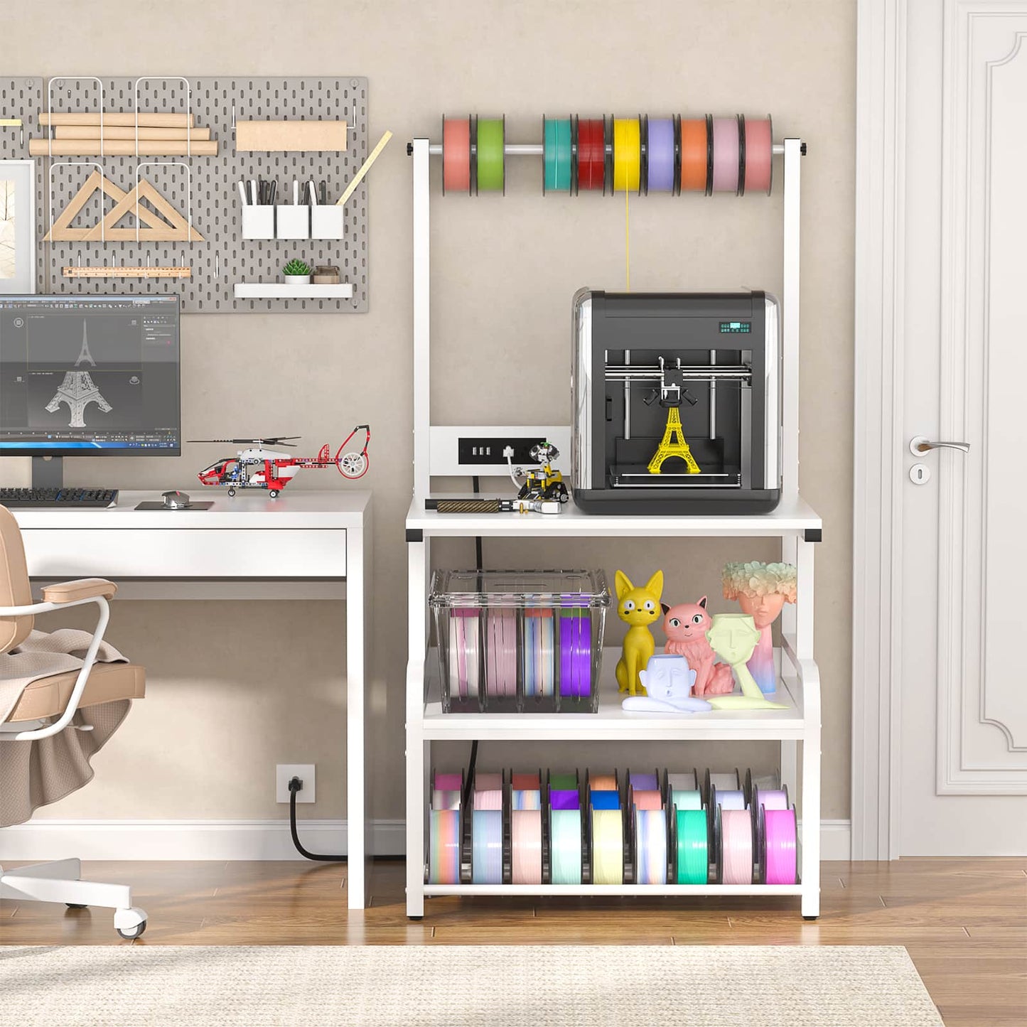 3-Tier 3D Printer Stand with Power Outlet, Rolling Printer Stand with Filament Storage