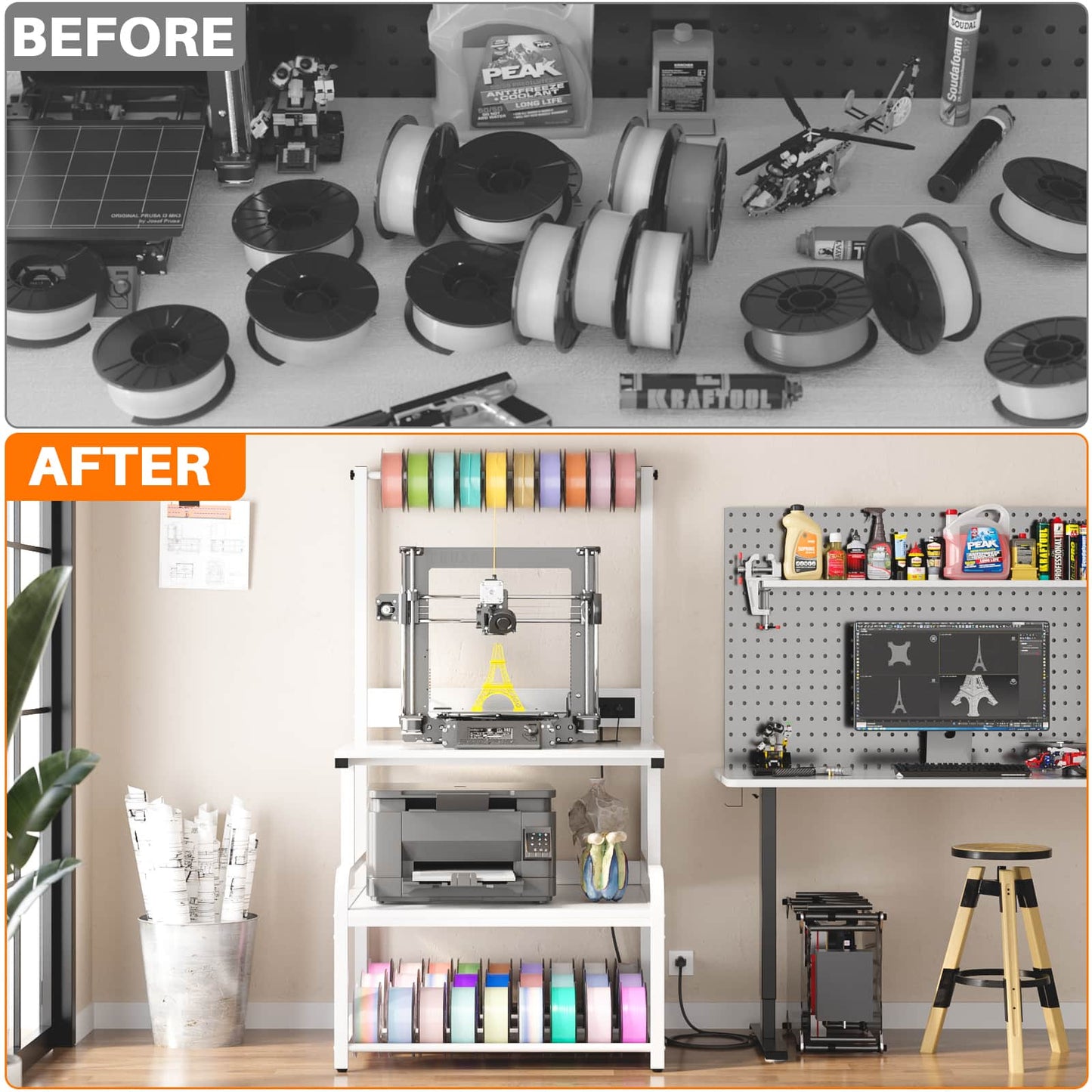 3-Tier 3D Printer Stand with Power Outlet, Rolling Printer Stand with Filament Storage