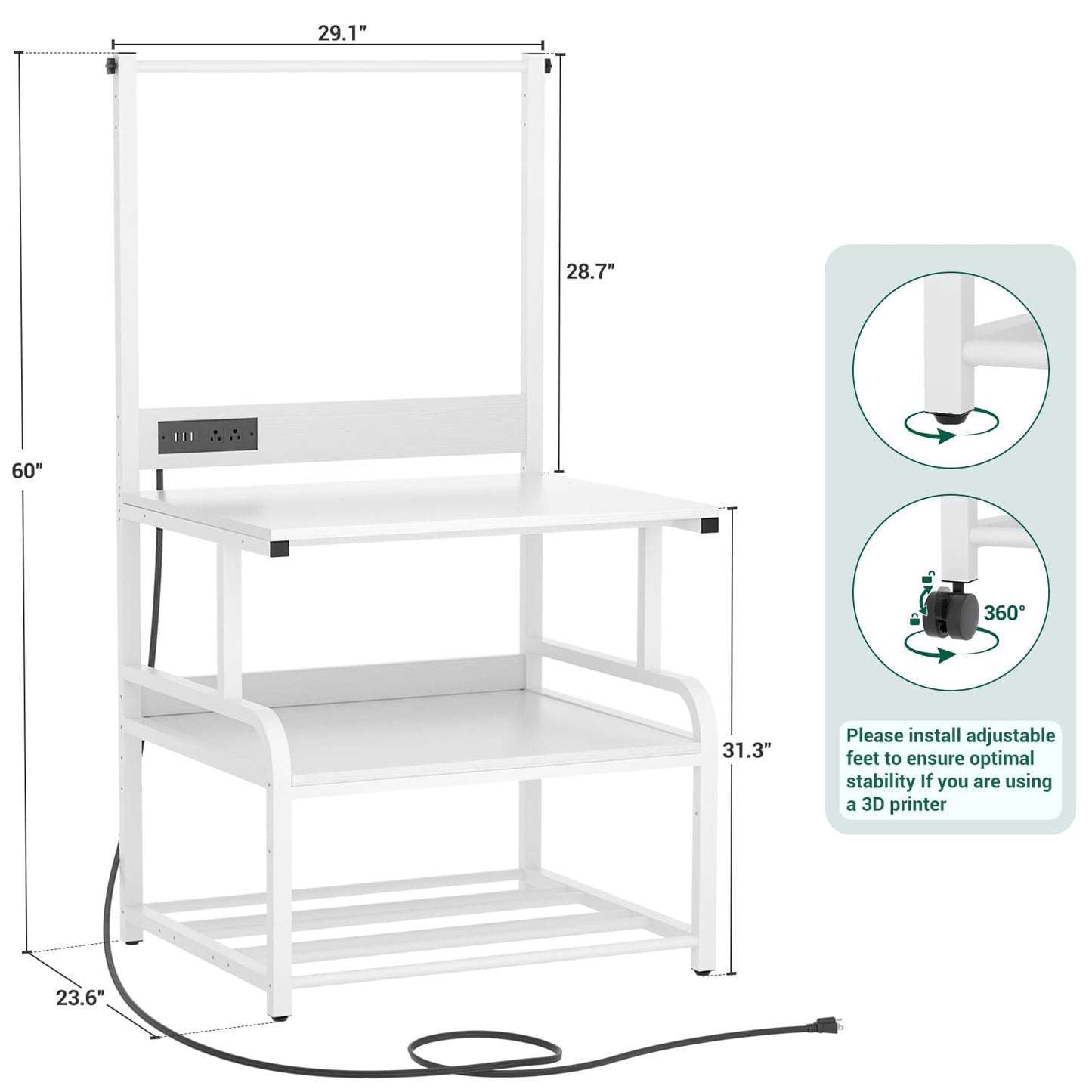 3-Tier 3D Printer Stand with Power Outlet, Rolling Printer Stand with Filament Storage