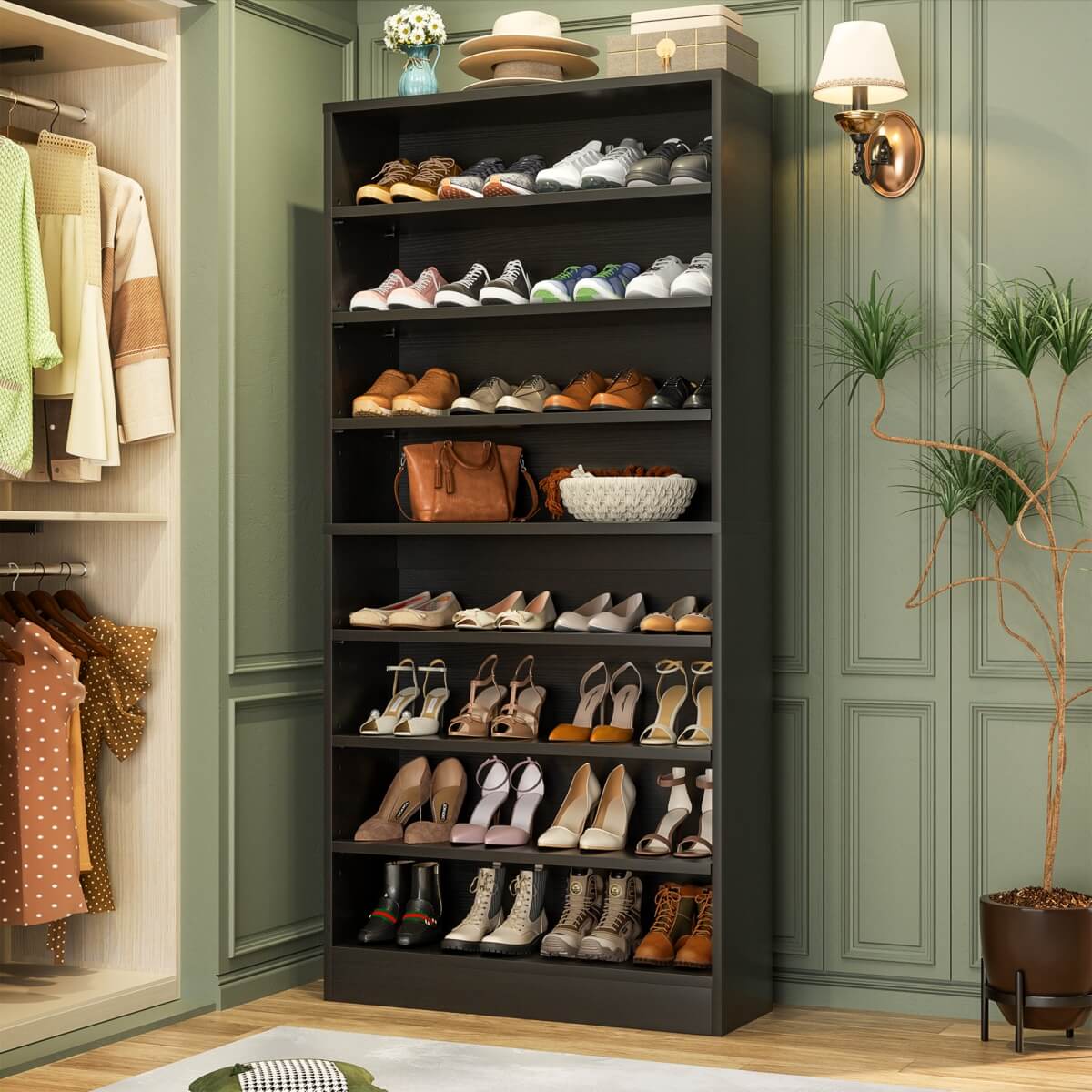 9-Tier Wood Tall Shoe Cabinet, Adjustable, 32-36 Pairs of Shoes Capacity
