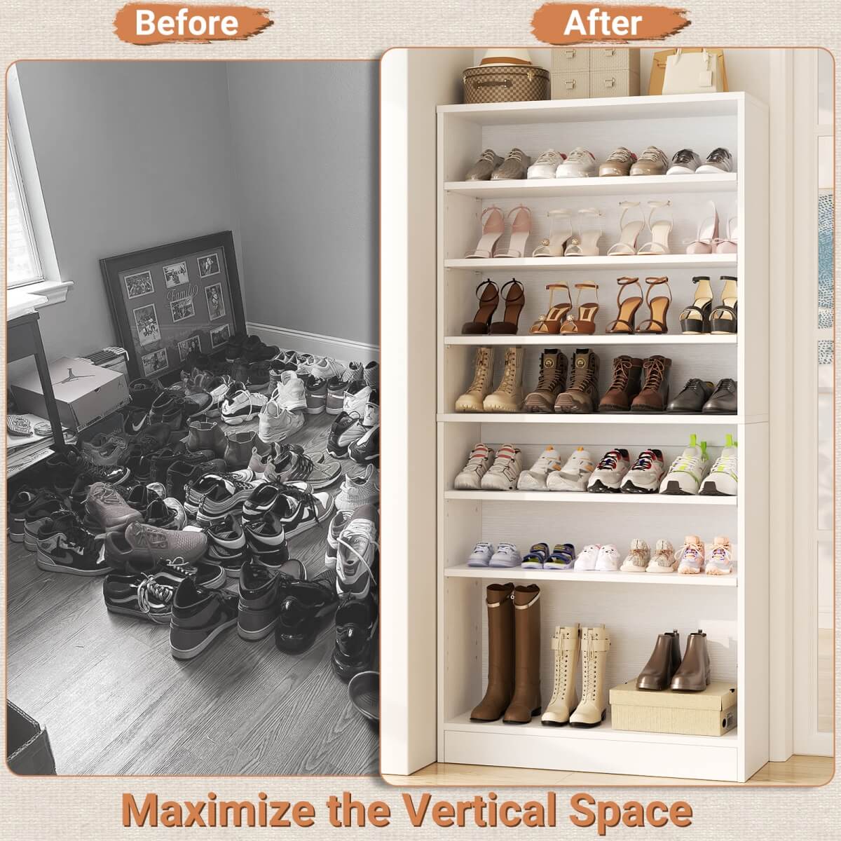 9-Tier Wood Tall Shoe Cabinet, Adjustable, 32-36 Pairs of Shoes Capacity