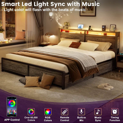 Bed Frame with 4 Storage Drawers and Charging Station, Sturdy Platform Bed for Bedroom
