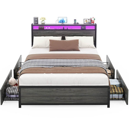 Bed Frame with 4 Storage Drawers and Charging Station, Sturdy Platform Bed for Bedroom