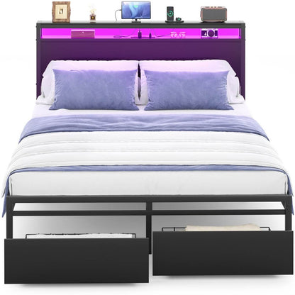 Full Size Bed Frame with Storage Drawer, Headboard Built in Power Outlets & LED Lights