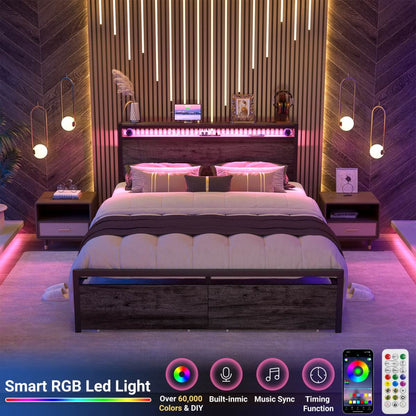 Full Size Bed Frame with Storage Drawer, Headboard Built in Power Outlets & LED Lights