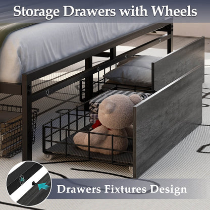 Full Size Bed Frame with Storage Drawer, Headboard Built in Power Outlets & LED Lights