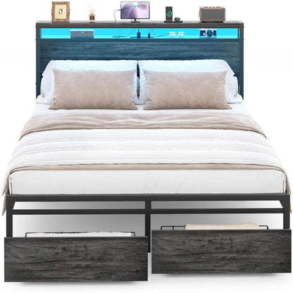 Full Size Bed Frame with Storage Drawer, Headboard Built in Power Outlets & LED Lights