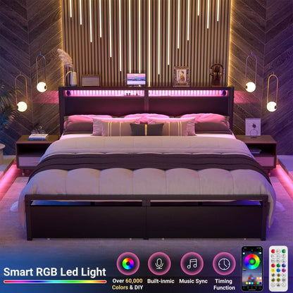 King Size Bed Frame with Storage Drawer, Headboard Built in Power Outlets & LED Lights