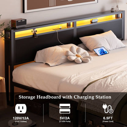 King Size Bed Frame with Storage Drawer, Headboard Built in Power Outlets & LED Lights