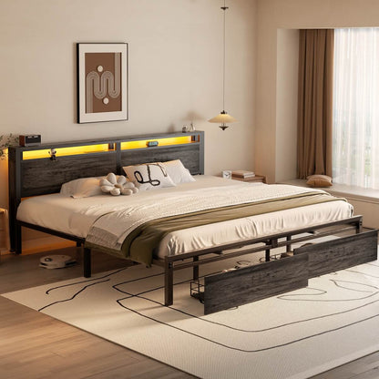 King Size Bed Frame with Storage Drawer, Headboard Built in Power Outlets & LED Lights
