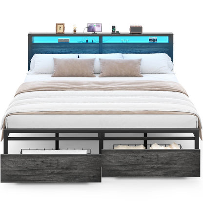 King Size Bed Frame with Storage Drawer, Headboard Built in Power Outlets & LED Lights