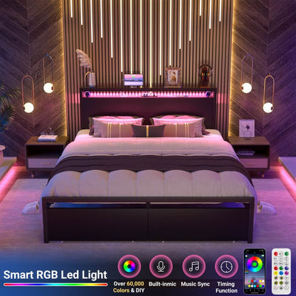 Queen Size Bed Frame with Storage Drawer, Headboard Built in Power Outlets & LED Lights