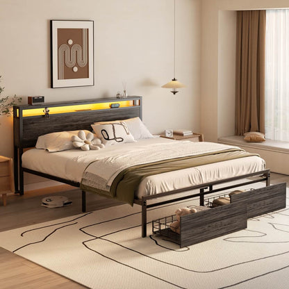 Queen Size Bed Frame with Storage Drawer, Headboard Built in Power Outlets & LED Lights