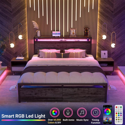 Queen Size Bed Frame with Storage Drawer, Headboard Built in Power Outlets & LED Lights