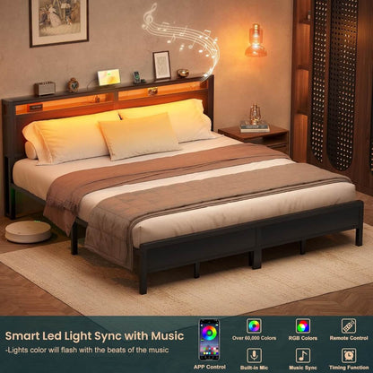 King Size Heavy Duty Metal Bed Frame with Headboard, Outlets, and LED Lights