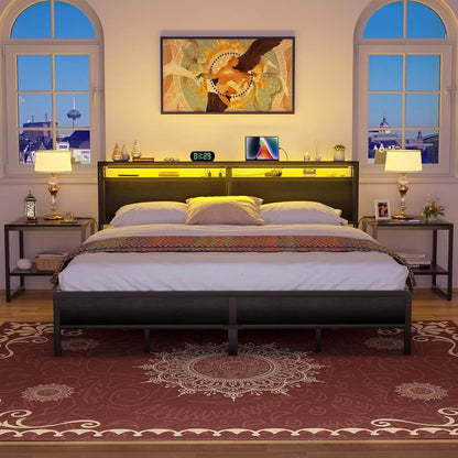 King Size Heavy Duty Metal Bed Frame with Headboard, Outlets, and LED Lights