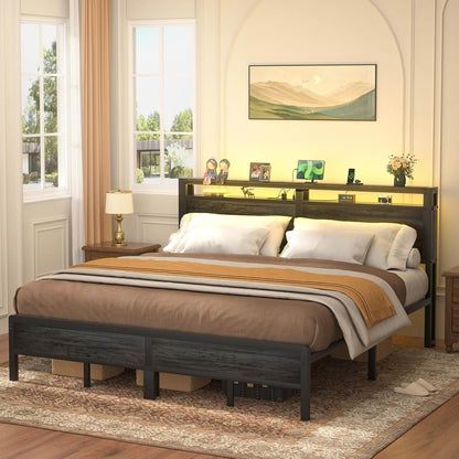 King Size Heavy Duty Metal Bed Frame with Headboard, Outlets, and LED Lights