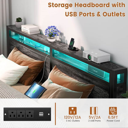 King Size Heavy Duty Metal Bed Frame with Headboard, Outlets, and LED Lights