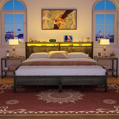 King Size Heavy Duty Metal Bed Frame with Headboard, Outlets, and LED Lights