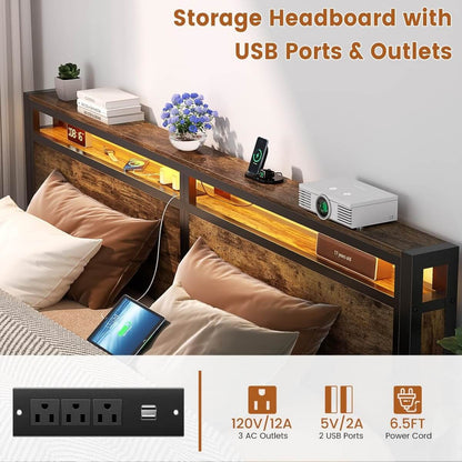 King Size Heavy Duty Metal Bed Frame with Headboard, Outlets, and LED Lights