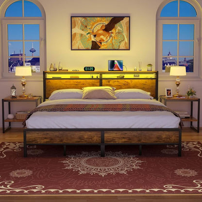 King Size Heavy Duty Metal Bed Frame with Headboard, Outlets, and LED Lights