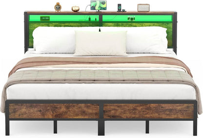 King Size Heavy Duty Metal Bed Frame with Headboard, Outlets, and LED Lights