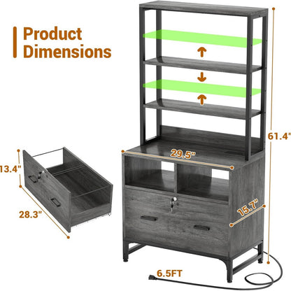 Vertical File Cabinet with Charging Station & Lock Drawer, fits Letter/A4/Legal Size