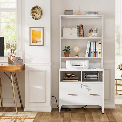 Vertical File Cabinet with Charging Station & Lock Drawer, fits Letter/A4/Legal Size