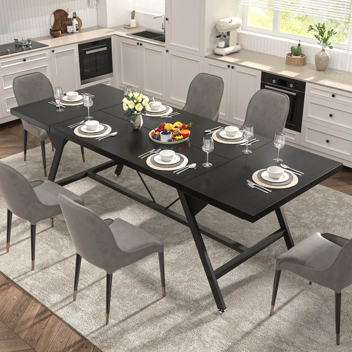 Wooden Farmhouse Dining Table for 4-6 People, 70.8"W x 27.5"D x 29"H