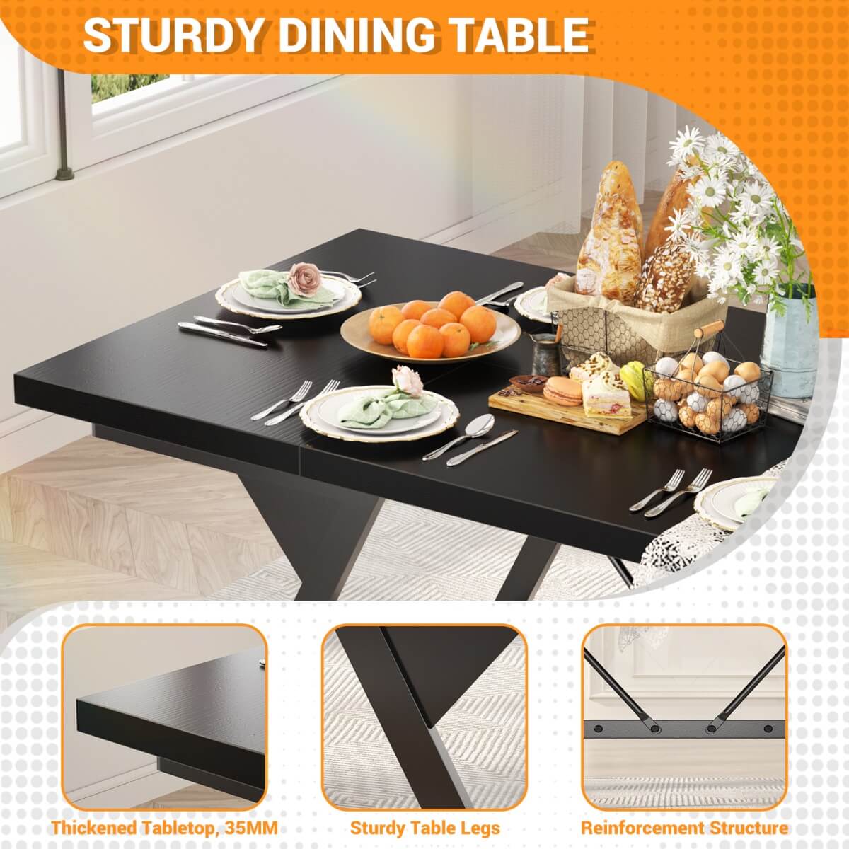 Wooden Farmhouse Dining Table for 4-6 People, 70.8"W x 27.5"D x 29"H