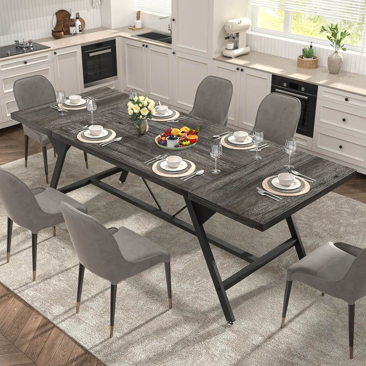Wooden Farmhouse Dining Table for 4-6 People, 70.8"W x 27.5"D x 29"H