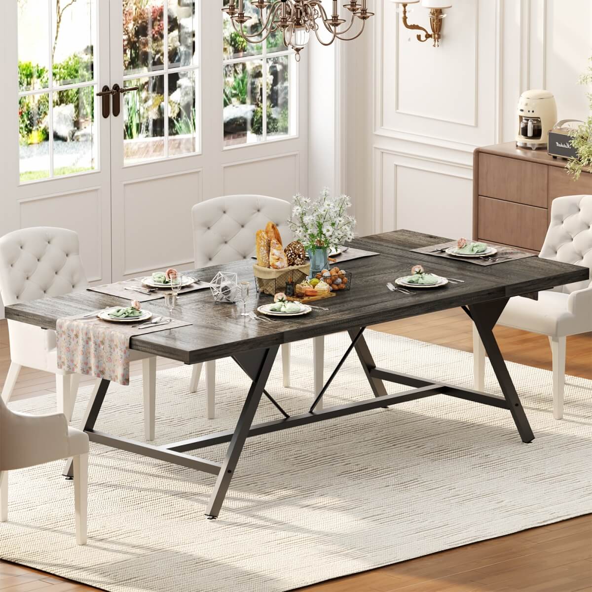 Wooden Farmhouse Dining Table for 4-6 People, 70.8"W x 27.5"D x 29"H