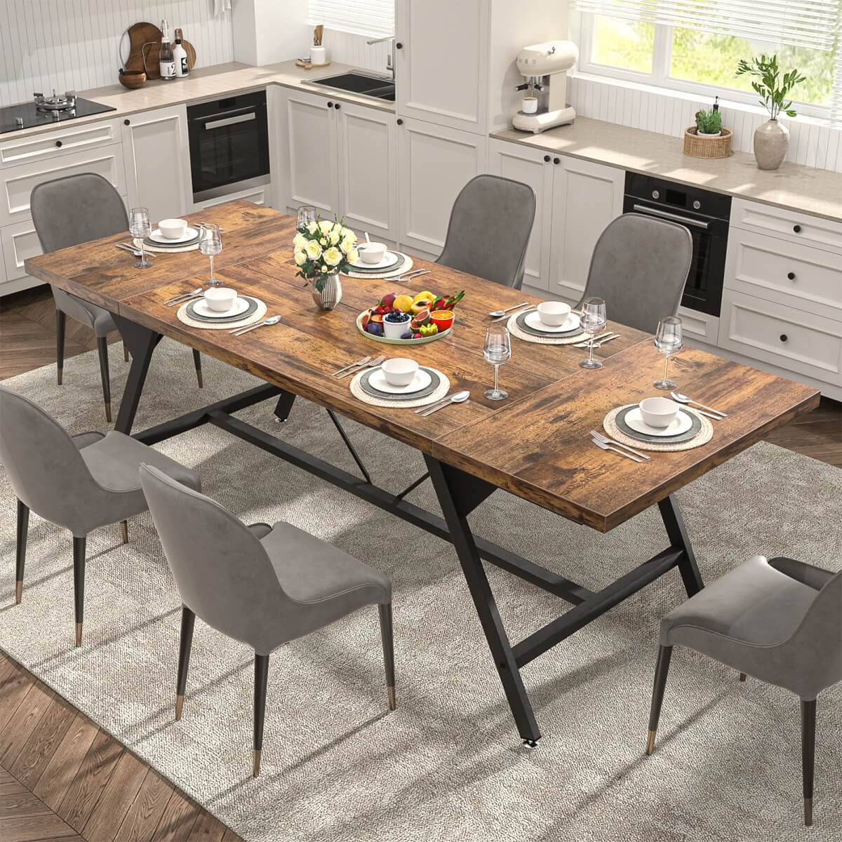Wooden Farmhouse Dining Table for 4-6 People, 70.8"W x 27.5"D x 29"H