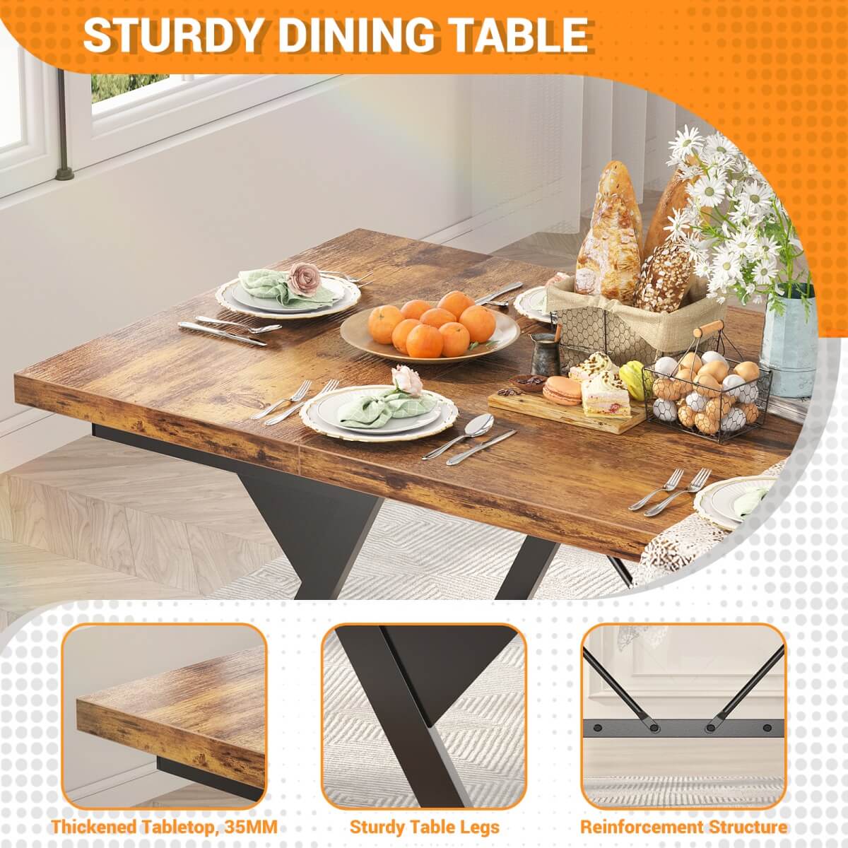 Wooden Farmhouse Dining Table for 4-6 People, 70.8"W x 27.5"D x 29"H