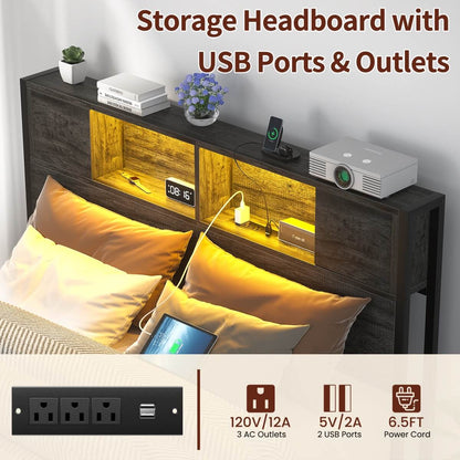 Full Size Bed Frame with Storage Headboard, Built in Charging Station and LED Lights, 800 lbs Capacity