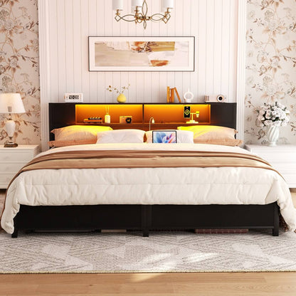 King Size Bed Frame with Storage Headboard, Built in Charging Station and LED Lights, 1000 lbs Capacity