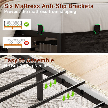 King Size Bed Frame with Storage Headboard, Built in Charging Station and LED Lights, 1000 lbs Capacity