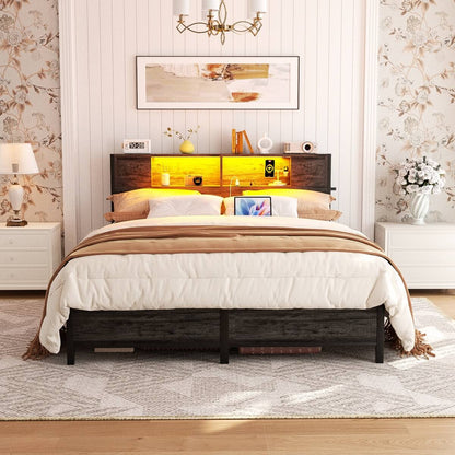 Queen Size Bed Frame with Storage Headboard, Built in Charging Station and LED Lights, 800 lbs Capacity