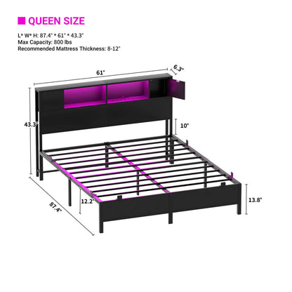 Queen Size Bed Frame with Storage Headboard, Built in Charging Station and LED Lights, 800 lbs Capacity