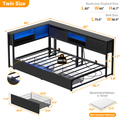 Corner Bed Frame with 2 Drawers, Farmhouse Heavy Duty Daybed with Bookcase Storage