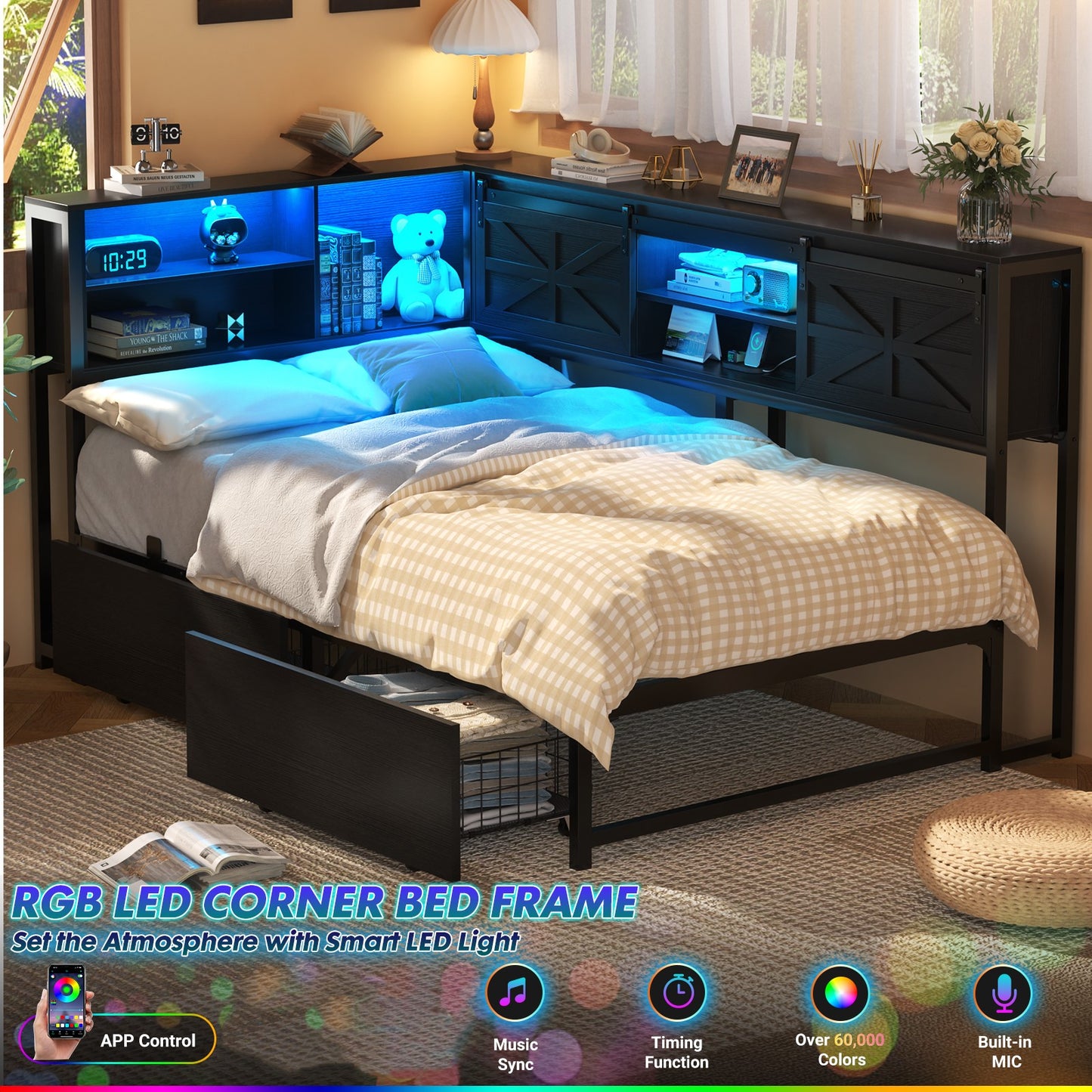 Corner Bed Frame with 2 Drawers, Farmhouse Heavy Duty Daybed with Bookcase Storage