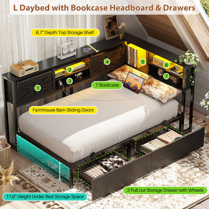 Corner Bed Frame with 2 Drawers, Farmhouse Heavy Duty Daybed with Bookcase Storage