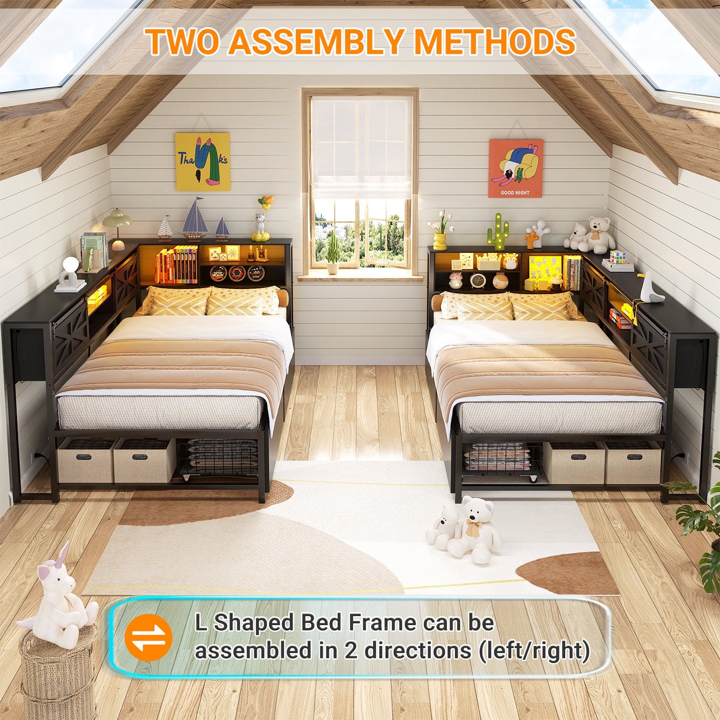 Corner Bed Frame with 2 Drawers, Farmhouse Heavy Duty Daybed with Bookcase Storage