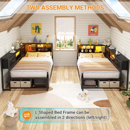 Corner Bed Frame with 2 Drawers, Farmhouse Heavy Duty Daybed with Bookcase Storage