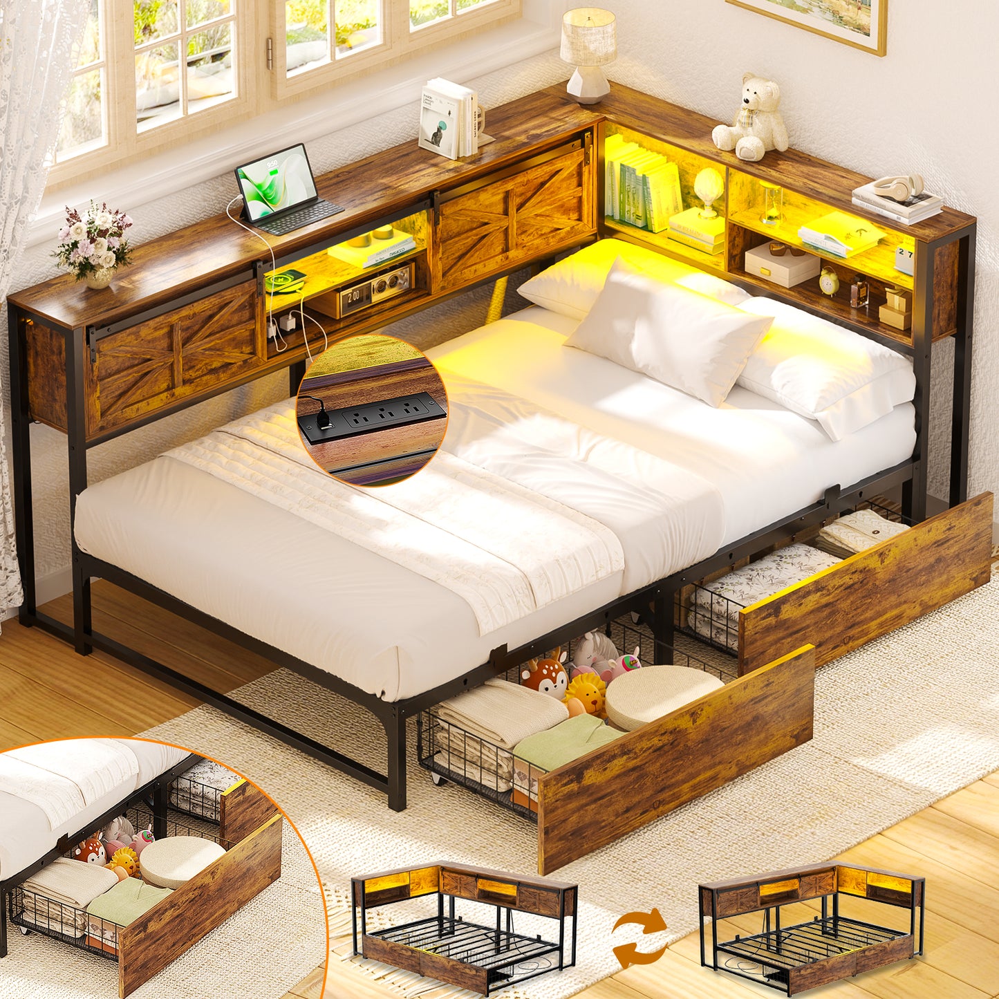 Corner Bed Frame with 2 Drawers, Farmhouse Heavy Duty Daybed with Bookcase Storage