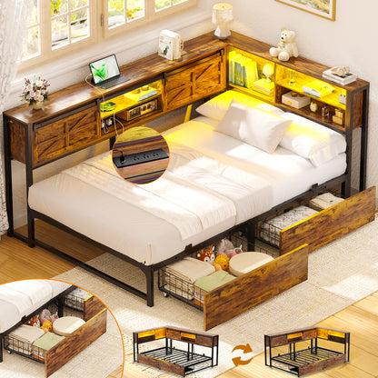 Corner Bed Frame with 2 Drawers, Farmhouse Heavy Duty Daybed with Bookcase Storage