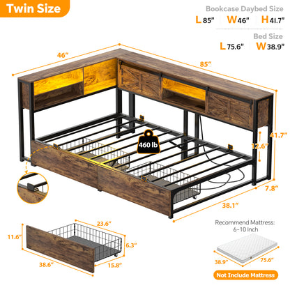 Corner Bed Frame with 2 Drawers, Farmhouse Heavy Duty Daybed with Bookcase Storage