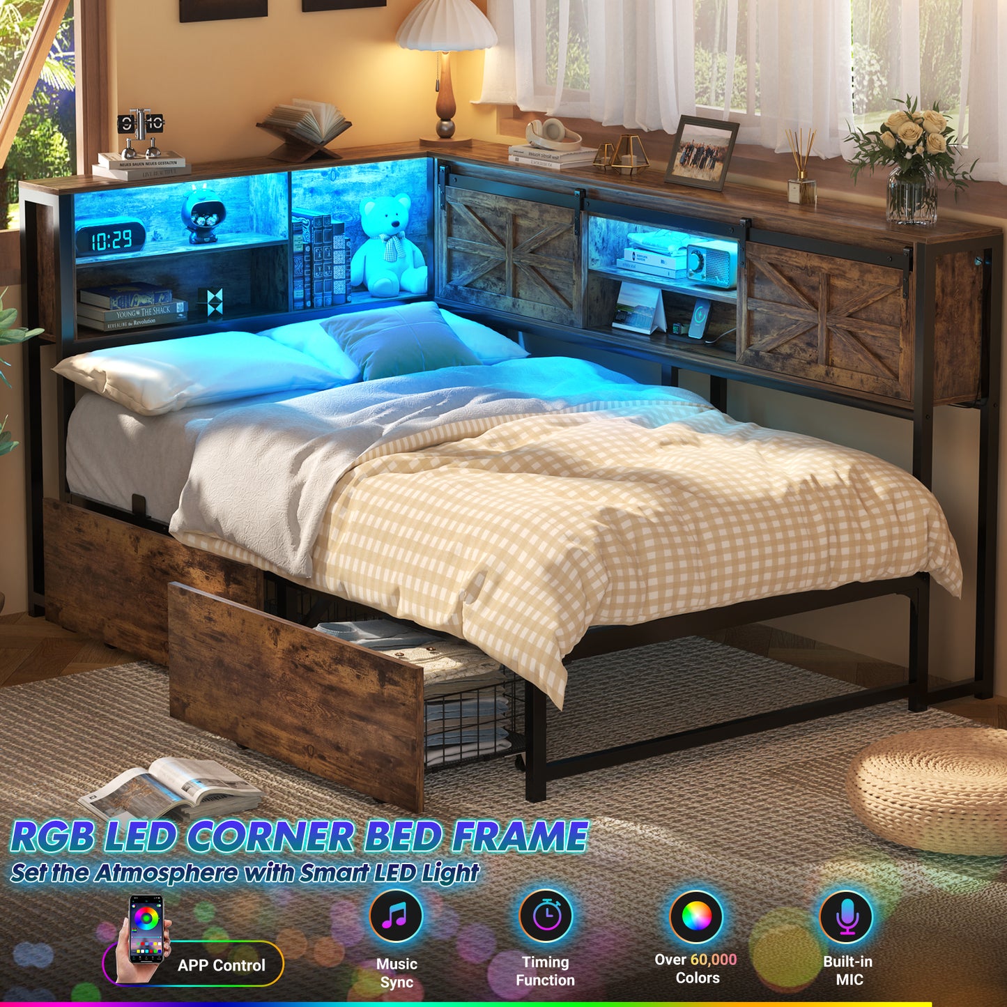 Corner Bed Frame with 2 Drawers, Farmhouse Heavy Duty Daybed with Bookcase Storage